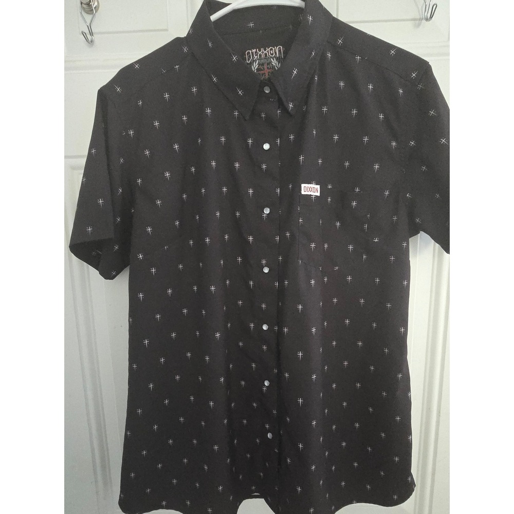 EUC Dixxon Flannel Co The Historia Button Down Shirt Black Cross Print Women LG